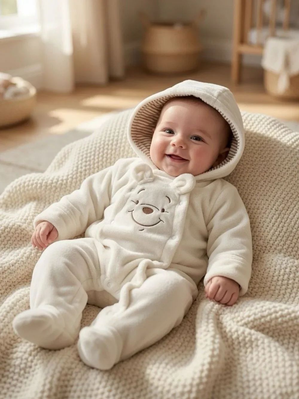 Winnie the Pooh Baby Hooded 3-6M White Plush Footed Snowsuit New